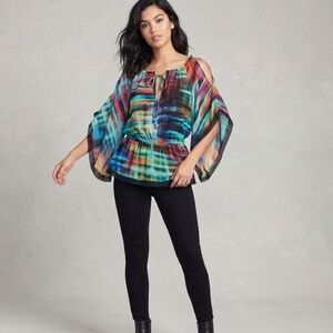 BEBE Printed Tie-Neck Full Sleeve Peplum Sheen Top With Lace, Size M